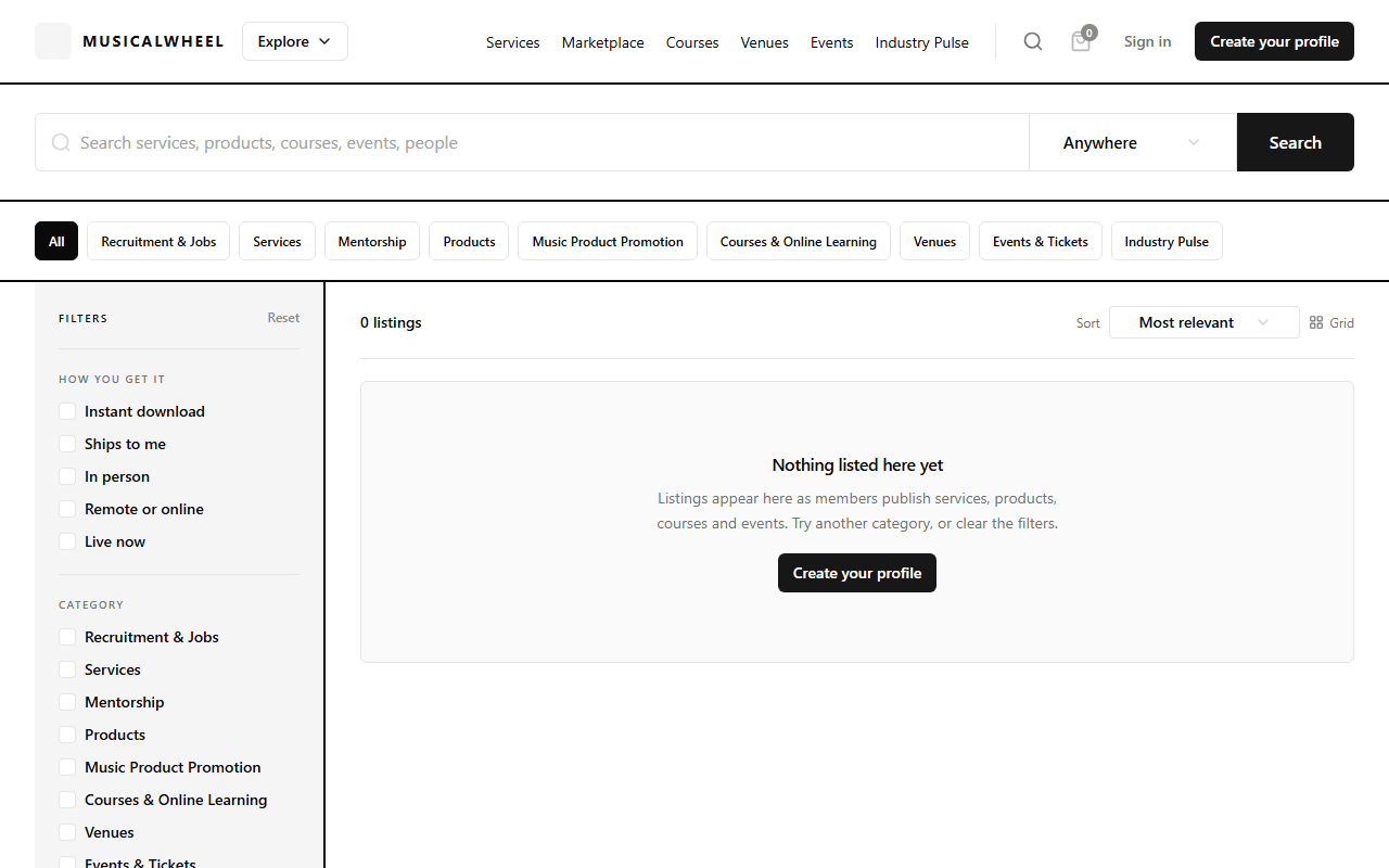 Explore: search services, products, courses, events and people